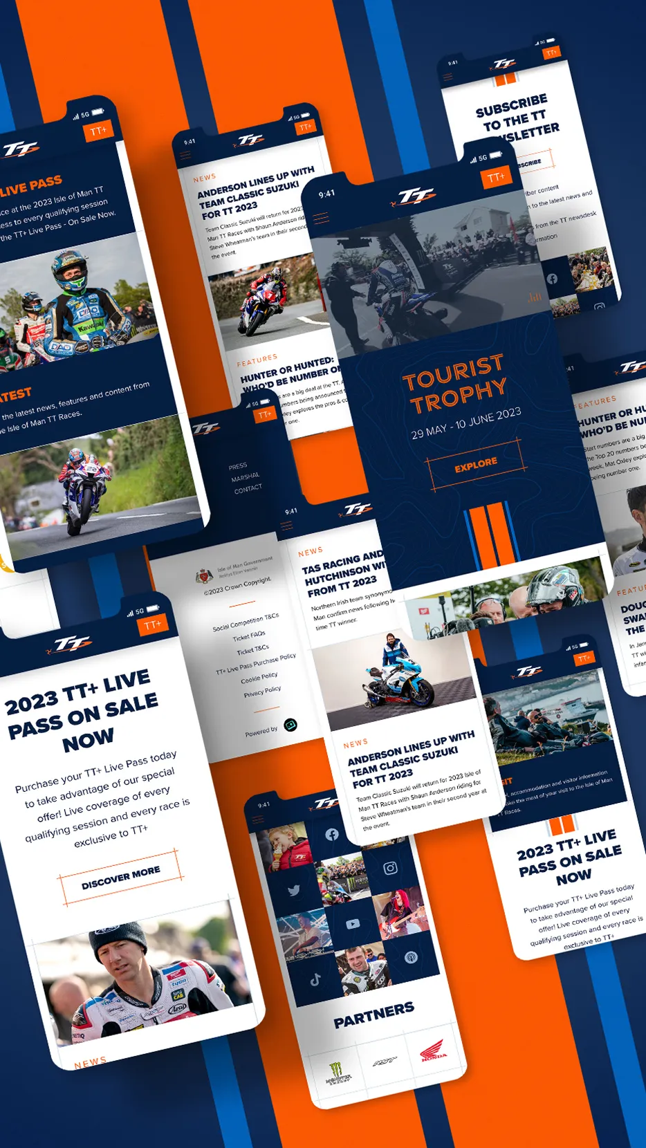 Multiple screen mockups displaying various pages of the Isle of Man TT Tourist Trophy website including homepage, race content and 2023 TT Live Pass sections on an orange and navy background